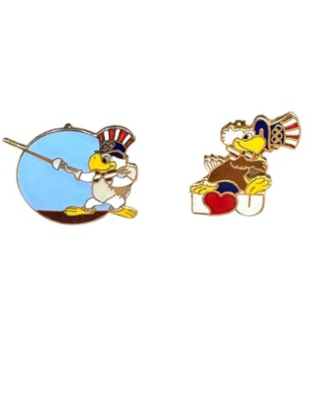 Vintage bundle of two 1984 Los Angeles Olympics Sam the Eagle Fencing & Love pin